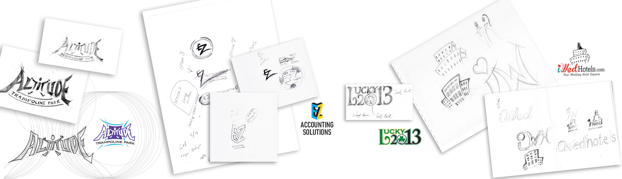 Three examples of logo design from sketch to final iconic logo artwork.