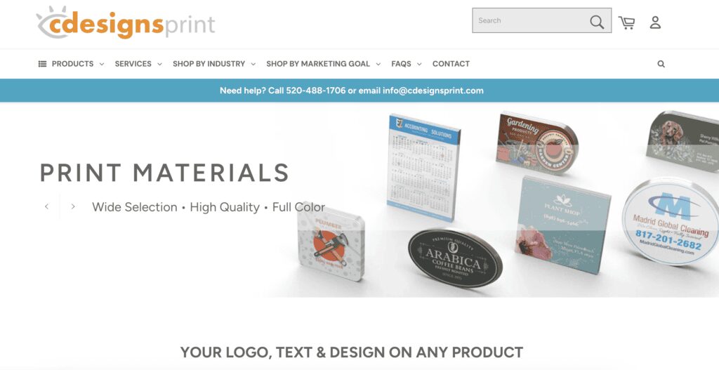 An image of the CdesignsPrint.com home page shows the broad range of print marketing products available there.