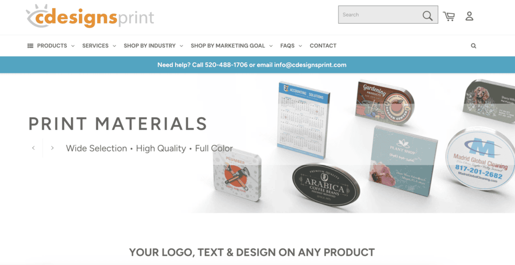 An image of the CdesignsPrint.com home page shows the broad range of print marketing products available there.