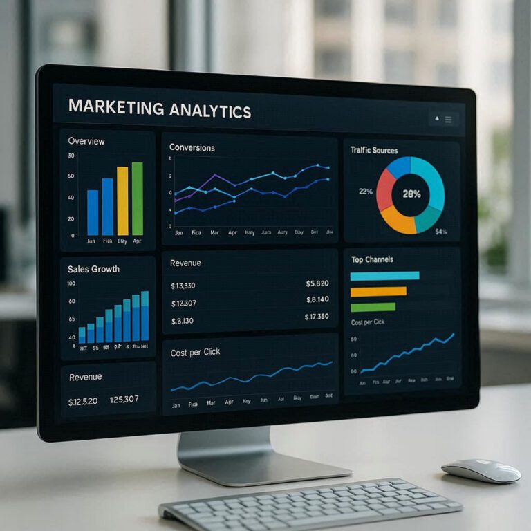 A computer monitor displays marketing analytics associated with an SEO package.