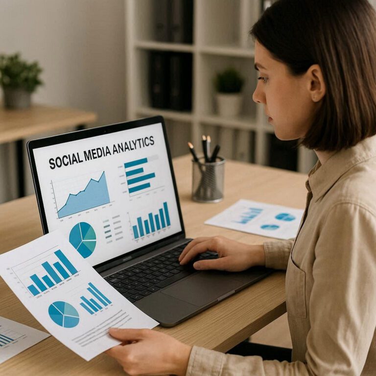 Woman studies results from a social media packages provided by Cdesigns Marketing