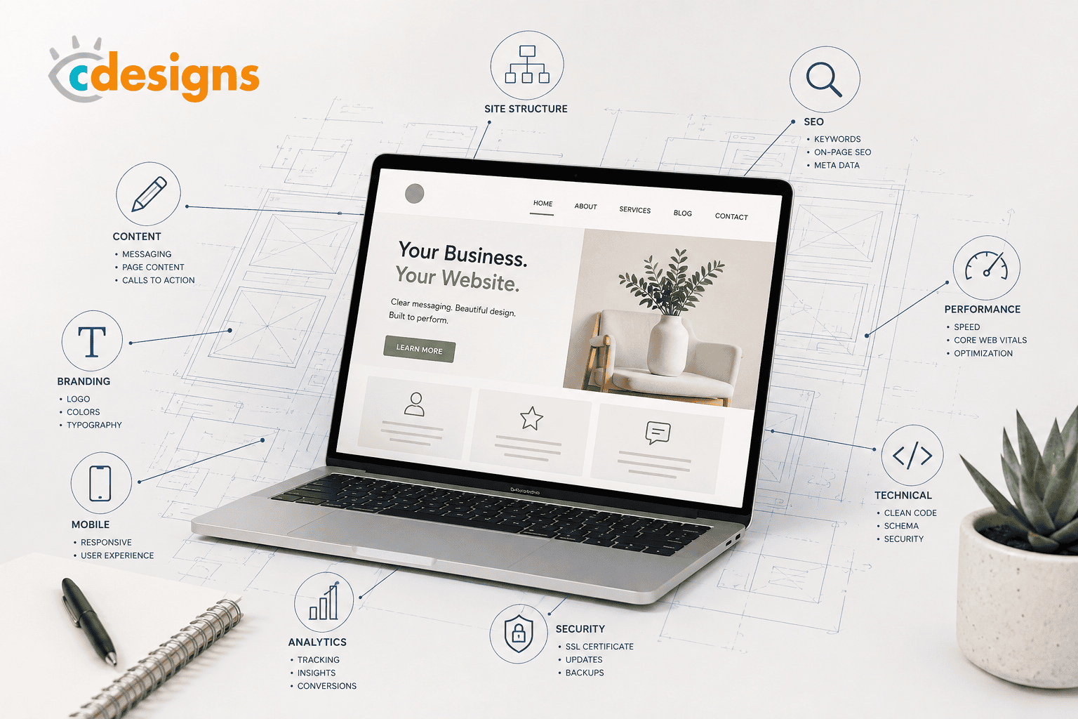 Website launch planning illustration showing web design, SEO, branding, mobile optimization, performance and analytics