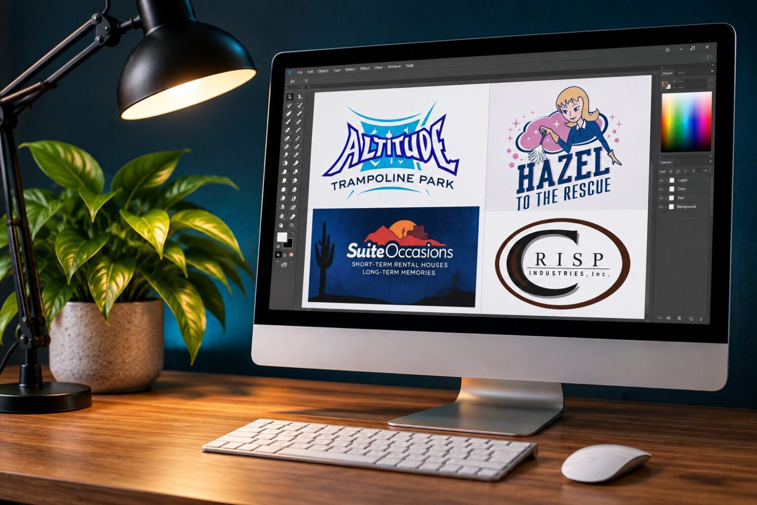 Brand identity services shown through custom logo designs on a graphic designer's computer.